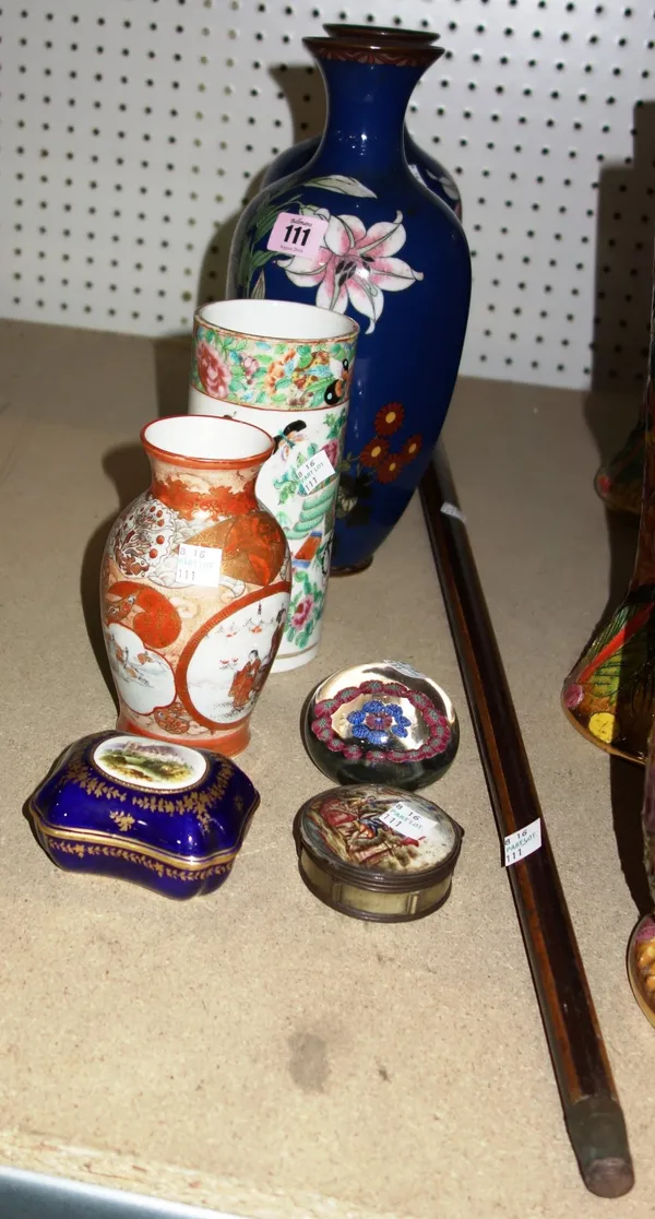 A group of ceramics, including a pair of Oriental cloisonne vases, famille rose cylindrical vase, a silver topped walking cane and sundry ceramics, (q