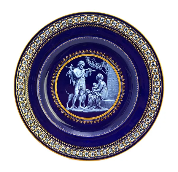 A good Meissen porcelain cobalt-blue ground cabinet plate, circa 1860, attributed to E.A.Leuteritz, enamelled in Limoges enamel stye with a Grecian fa
