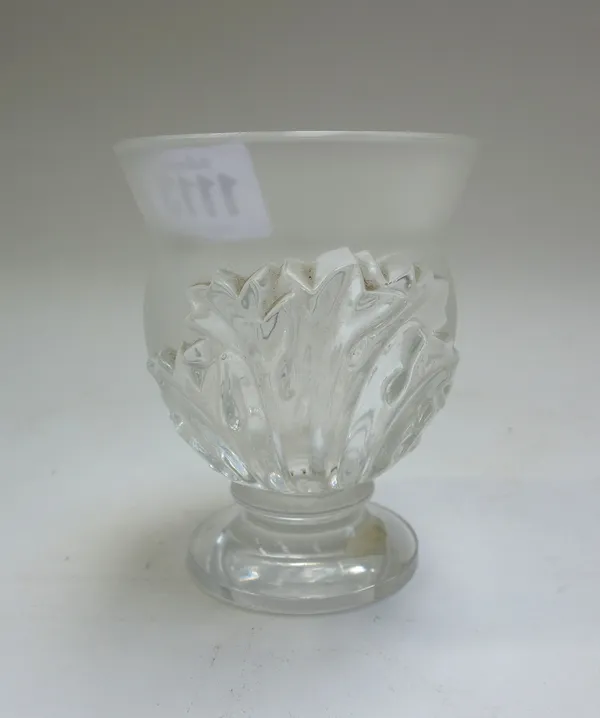 A Lalique clear and frosted glass footed vase, post-war, moulded with leaves, etched Lalique France, 11.5cm high.