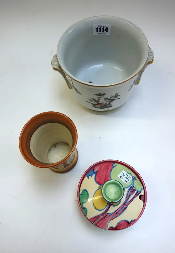 A Clarice Cliff circular pot and cover decorated in the `Pastel Autumn' pattern, 10cm diameter, together with a Clarice Cliff Bizarre waisted vase, 10