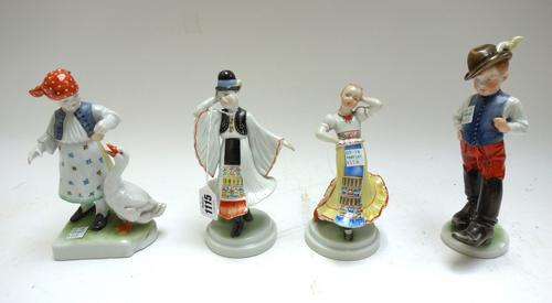 Two Herend porcelain figures, each modelled as a female dancer in Continental dress, 17.5cm high, together with two further Herend figures; a Continen