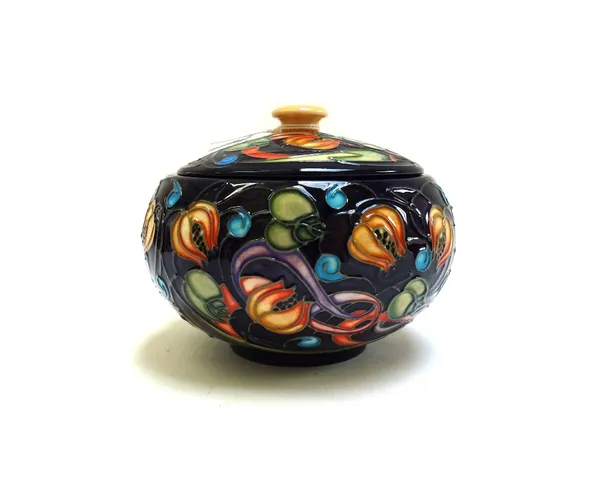 A Moorcroft 'Celtic Webb' circular box and cover by Emma Bossons, 2002, with printed and painted marks, 13cm diameter, boxed.