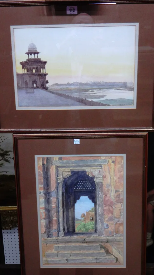 B. R. Moberly (20th century), Fort Agra fron the Taj Mahal; View through at archway, two watercoloutrs, both signed, one dated 1939.
