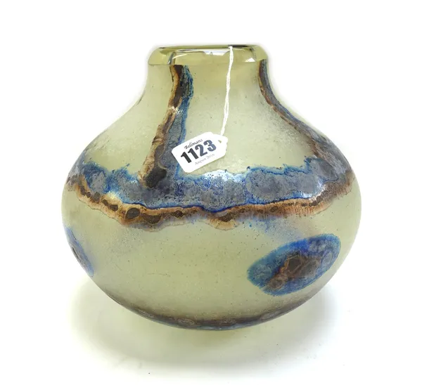 A Murano glass vase signed 'Barlini', late 20th century, decorated with mottled blue and orange bands against a frosted ground, 22cm high.