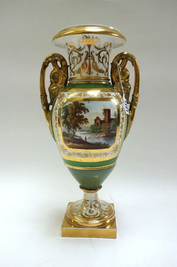A Davenport green ground porcelain two-handled vase, circa 1820-25, of Empire form, the ovoid body painted with a landscape panel with two figures fis