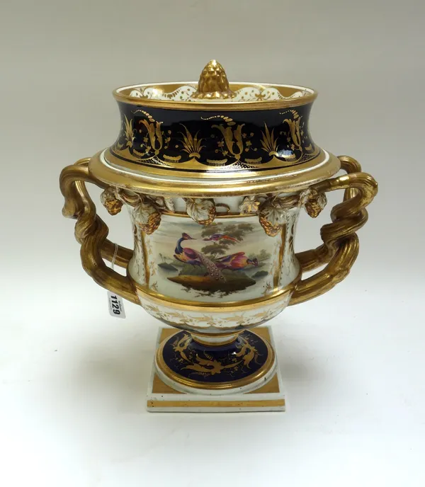A pair of Chamberlain's Worcester ice pails and covers, circa 1820, of Warwick vase form, painted to each side with exotic birds, with simulated marbl