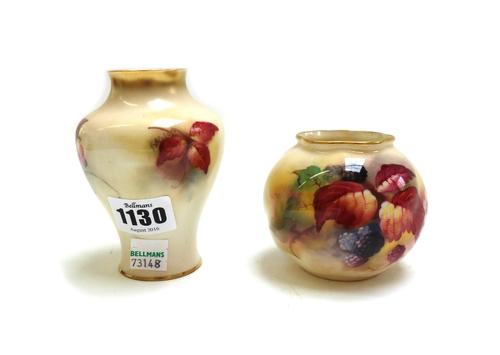 A Royal Worcester fruit decorated blush ivory vase by K. Blake, circa 1930, of baluster form, 10.5cm high, and one smaller vase with similar painted d