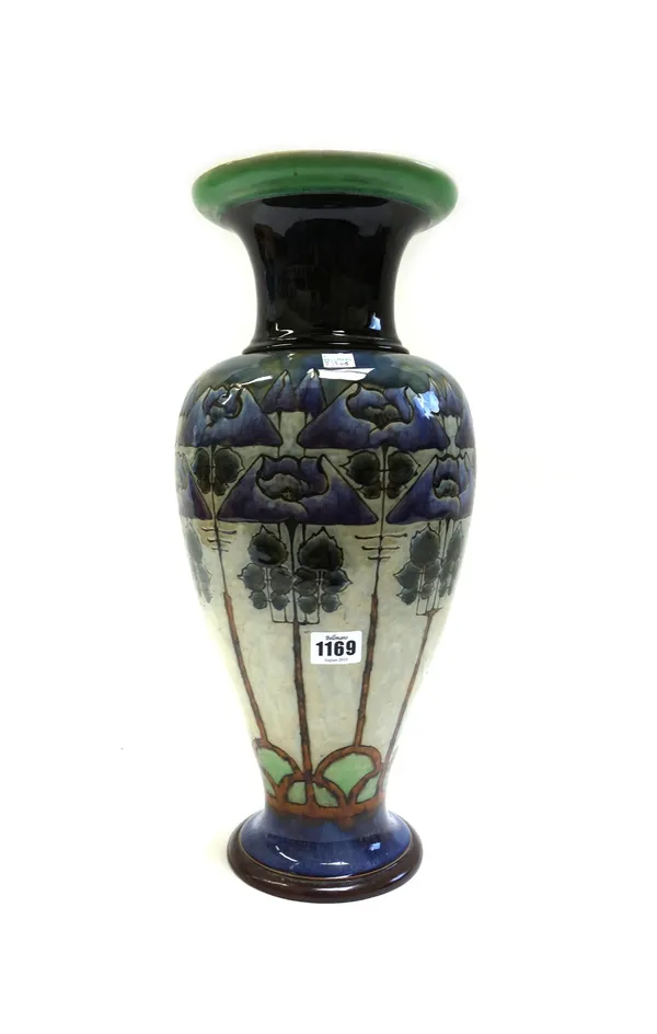 A Royal Doulton stoneware vase by Eliza Simmance, early 20th century, Art Nouveau decorated with stylised flowers in tones of greens and blues, with i