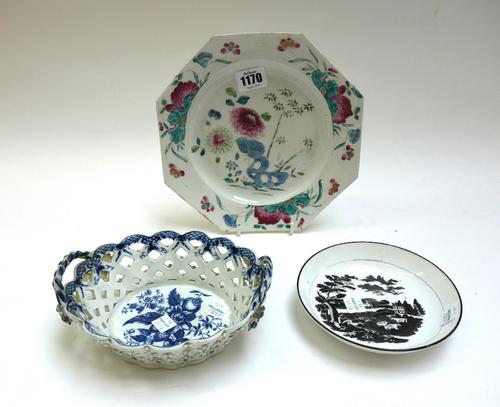 A Bow porcelain octagonal plate, circa 1755, painted in a famille-rose palette with flowers and rocks, 21.5cm. diameter; also a small Worcester blue a