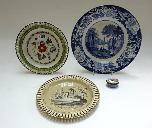 Three items of British pottery, late 18th and early 19th century, comprising; a Swansea pottery plate, painted with flowers inside a green basket moul
