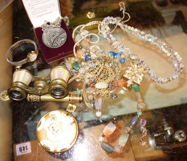 A pair of brass and mother of pearl opera glasses, a gilt metal cased pen, a lady's powder compact, a small scent bottle, a lady's Limit wristwatch an