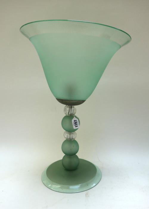 A glass lamp and two glass table vases, Italian, second half of the 20th century, the vases with iridescent colouring to the exterior, the lamp 47cm h