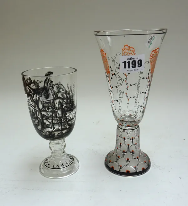 Two enamelled Viennese glasses in the style of Wiener Werkstatte, 20cm and 15cm high, and an ink and gouache design by Arnold Nechansky. (3)Footnote: