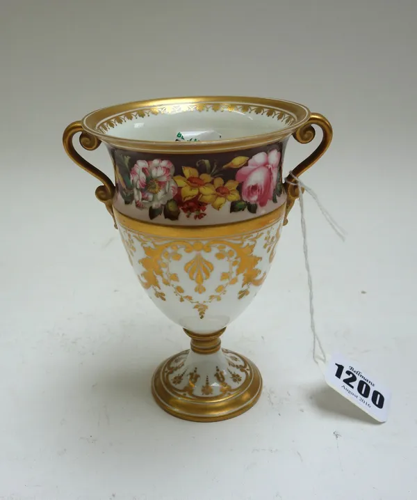 A Royal Crown Derby bone china two-handled vase, circa 1900, of campana form, painted by A.Gregory, signed, with a border of garden flowers above gilt