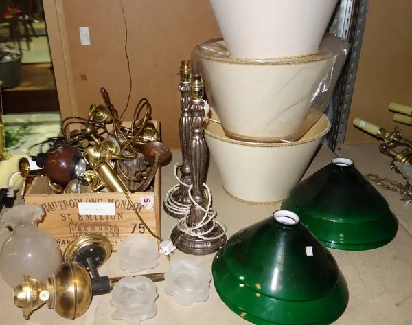 A quantity of mainly 20th century lighting, including wall lights, shades, tables lamps, ceiling lights and sundry, (qty).