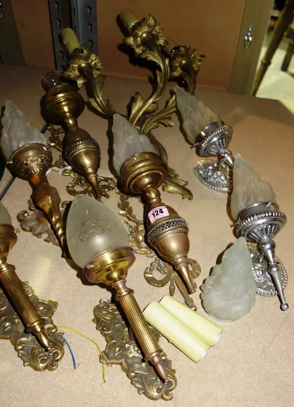 A quantity of assorted gilt metal wall lights and glass shades, (qty).