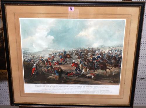After Henry Martens, Charge of H.M. 14th Light Dragoons at the Battle of Ramnuggur, Nov 22nd 1848, aquatint by J. Harris with hand colouring.