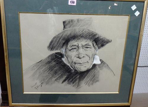 Franco Matania (1922-2006), An old man, charcoal and white chalk, signed.