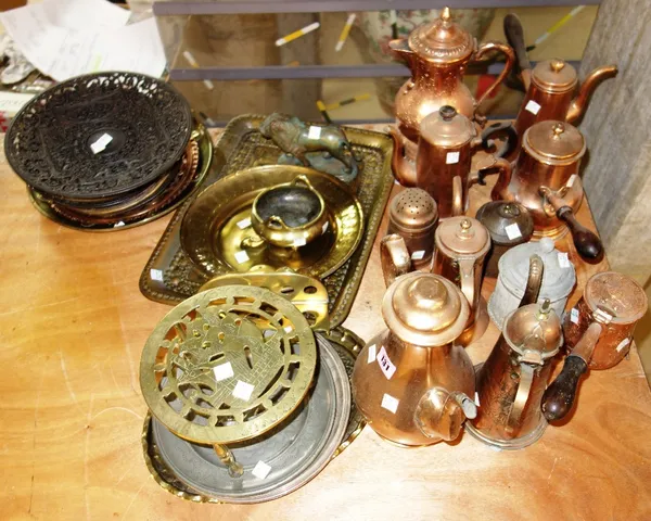 Metalware including; assorted copper coffee pots (formerly silvered) , Coalbrookdale pieced roundels, brass trays and roundels, pewter etc.