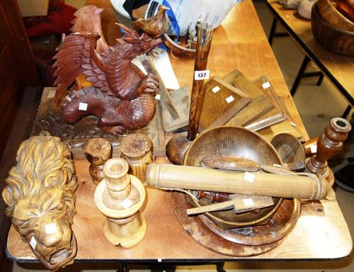 Treen including; assorted 17th century style rushnips, trays, candlesticks, carved Japanese dragon, lion's head, folding wall tray etc.