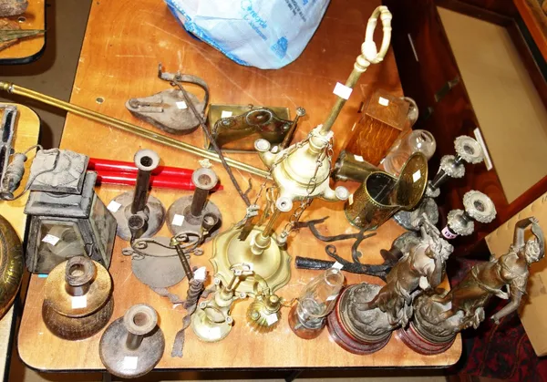 Assorted lighting and metalware including pair silver plated candlesticks, pair spelter figural garnitures, Middle Eastern and European lighting and l