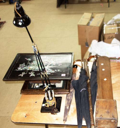 A Chinese mother-of-pearl inlaid black tray, assorted walking sticks/parasols, 2 framed and glazed dioramas, pine bread holder, black Anglepoise lamp
