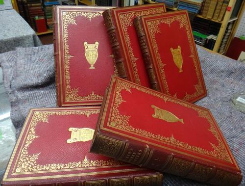 RUSKIN (J.)  Modern Painters. (mixed editions), 5 vols.  78 plates (some tinted or coloured); near contemp. red morocco, elaborately gilt-decorated, g