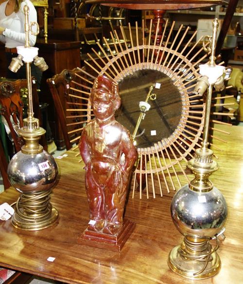 A pair of steel and brass table lamps, a circular mirror and a fire stand modelled as Mr Pickwick. (3)