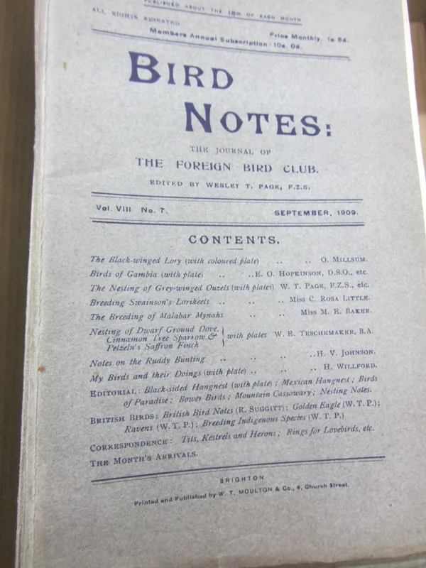 BIRD NOTES: the journal of The Foreign Bird Club.  various issues (37) from vols. viii, new series vols. & series iii vols. photo. plates & other illu