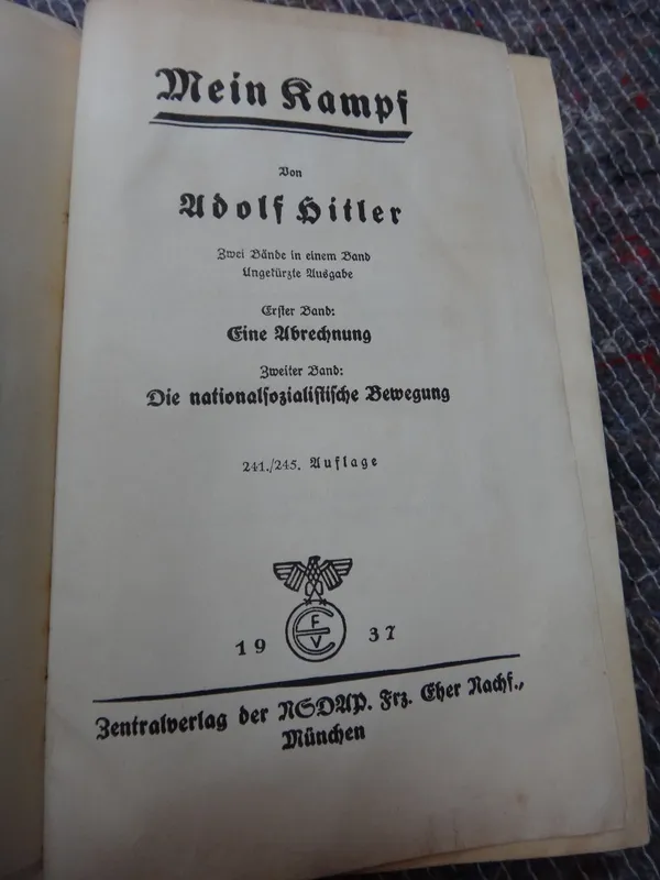 HITLER (Adolf)  Mein Kampf.  frontis., 5 advert. leaves; contemp. leather-backed mottled boards, gilt-lettered & panelled spine, cr. 8vo. Munich, 1937