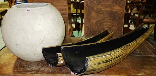 A large stone effect globular pot and a pair of faux bamboo long rain catchers, (3).