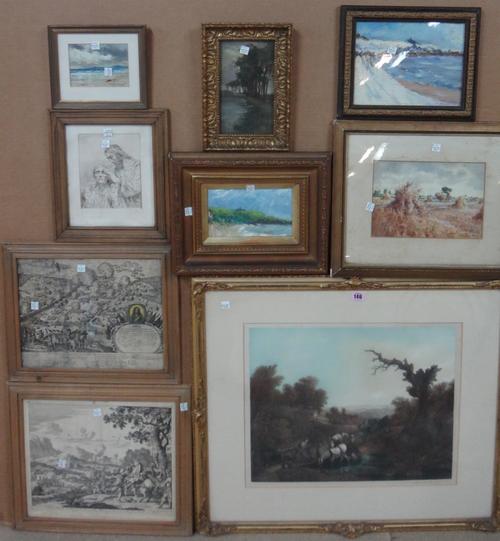 A group of assorted oils, watercolours and engravings, including two small watercolours by Frank Spenlove Spenlove, a small oil of trees by a riverban