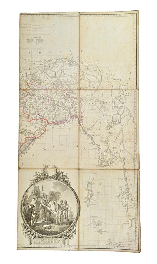 J. RENNELL -    Hindoostan.  81 x 82cms., hand-coloured in outline; large medallion pictorial & allegorical title, engraved scale bars; folded & mount