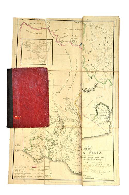 Thomas HAM -   A Map of Australia Felix  . . .  48 x 73cms., outline colour, engraved title & references, inset area map, folded on linen into old cov