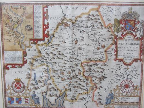John SPEED - The Countie of Westmoreland and Kendale the Cheif Towne Described  . . .  . 38 x 51cms. hand-coloured, engraved strapwork title with roya