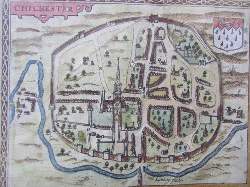 John SPEED -  Sussex Described  . . .  40 x 52cms., hand-coloured, engraved title & descriptive text, inset plan of Chichester, armorials within carto