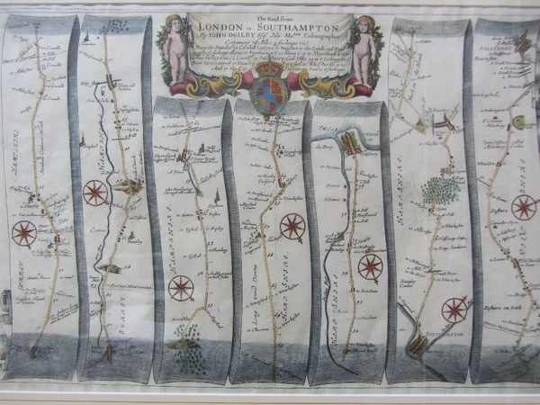 John OGILBY -   The Road from London to Southampton  . . .  33 x 48cms., hand-coloured, decorative cartouche title & 7 detailed strip maps - with mile