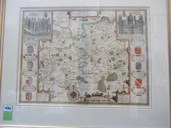 John SPEED -   Surrey Described and Divided into Hundreds.  40 x 53cms., hand-coloured, cartouche title, inset views of Richmond Palace & Nonsuch. 8 a