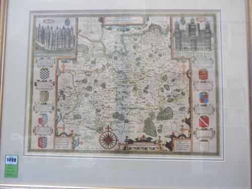 John SPEED -   Surrey Described and Divided into Hundreds.  40 x 53cms., hand-coloured, cartouche title, inset views of Richmond Palace & Nonsuch. 8 a