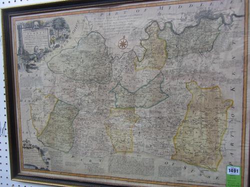 Emanuel BOWEN -   An Accurate Map of the County of Surrey  . . .  54 x 72cms., hand-coloured, attractive pictorial title & dedicatory cartouches, engr