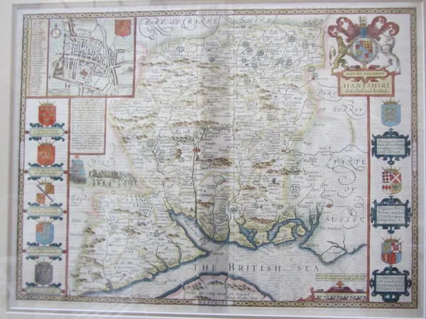 John SPEED -   Hantshire Described and Divided.  40 x 53cms., hand-coloured, cartouche title under royal arms, plan of Winchester, some engraved text,