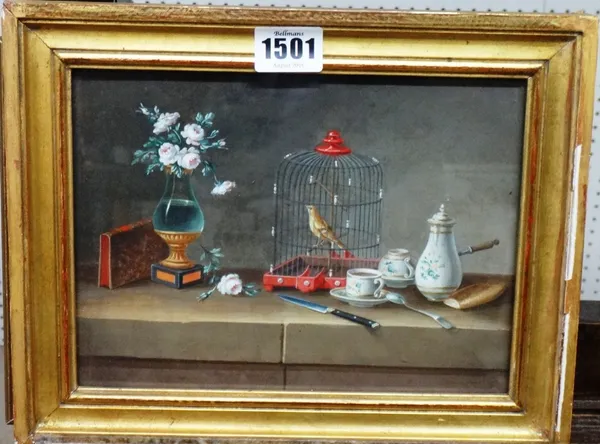 Attributed to Johann Rudolf Feyerabend, called Lelong (1749-1814), Still life with birdcage and vase of flowers, gouache, 16cm x 21cm.; together with