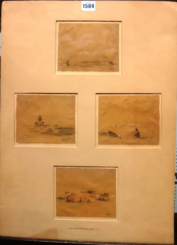 Follower of John Constable, Landscapes with cattle and figures, pencil and wash, three bearing added date 1812, unframed, each 11cm x 13.5cm.