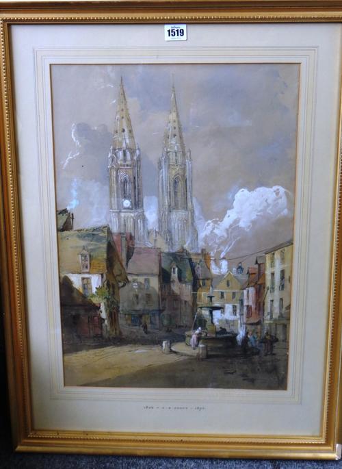 John Skinner Prout (1806-1878), A French Cathedral town, watercolour, 52cm x 36cm.