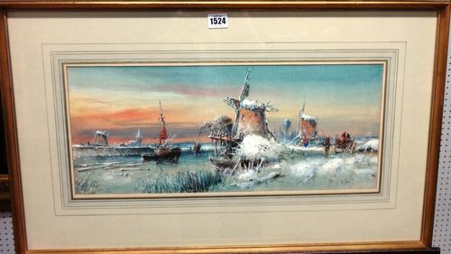 George James Knox (1810-1897), Winter landscape with windmills and waterways, watercolour heightened with white, signed, 21.5cm x 51cm.