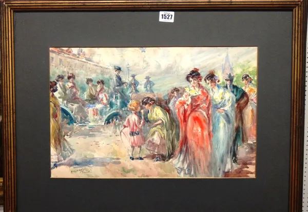 Ruiz Morales (19th/20th century), A colourful gathering, a pair, watercolour, both signed, each 28cm x 45cm.(2)