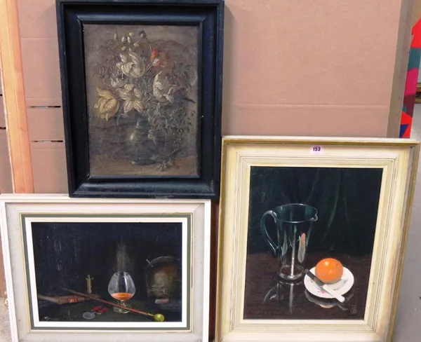 William Bennett (20th century), Orange with glass, oil on canvas; together with two further oil still lives by other hands.(3)
