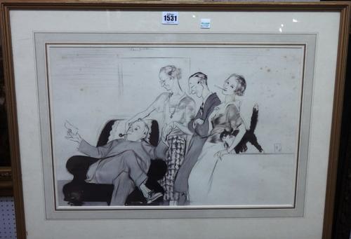 Edmund Blampied (1886-1966), The Mosquito  - Chez nous, pen, ink and grey wash, signed, 33cm x 49cm. DDS  Illustrated