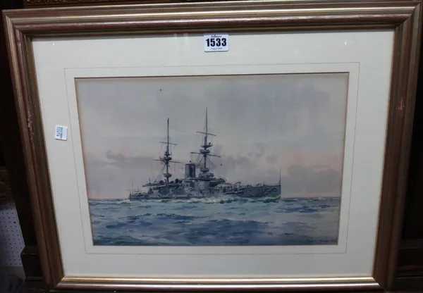 Frank Watson Wood (1862-1953), Warship, watercolour, signed and dated 1908, 25cm x 36cm. DDS