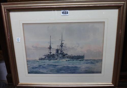 Frank Watson Wood (1862-1953), Warship, watercolour, signed and dated 1908, 25cm x 36cm. DDS